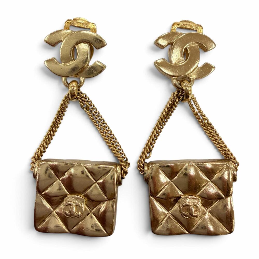 CHANEL Vintage 02P Metal Coco Mark Matelassรฉ Bag Accessory Earrings Gold Made...